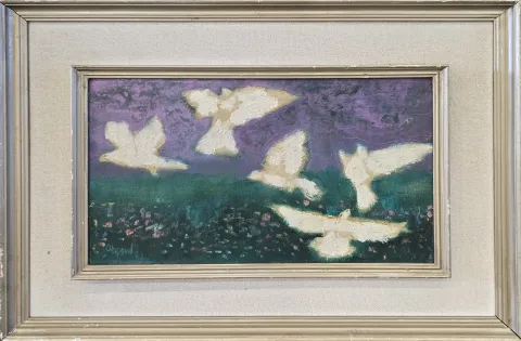 FİKRET OTYAM — “Güvercinler”, 1982 "Güvercinler" eseri FİKRET OTYAM tarafından 1982 yılında 23x35 cm ölçülerinde Kontraplak üzeri yağlı boya tekniği ile yapılmıştır.