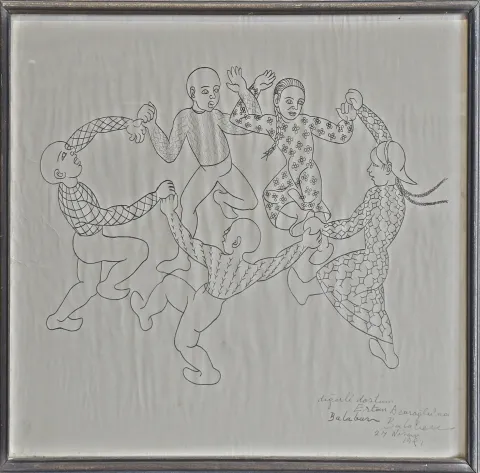 İBRAHİM BALABAN — “Çocukların Halayı (Ithaflı)”, 1981 "Çocukların Halayı (Ithaflı)" eseri İBRAHİM BALABAN tarafından 1981 yılında 64x65 cm ölçülerinde Kağıt üzeri desen tekniği ile yapılmıştır.