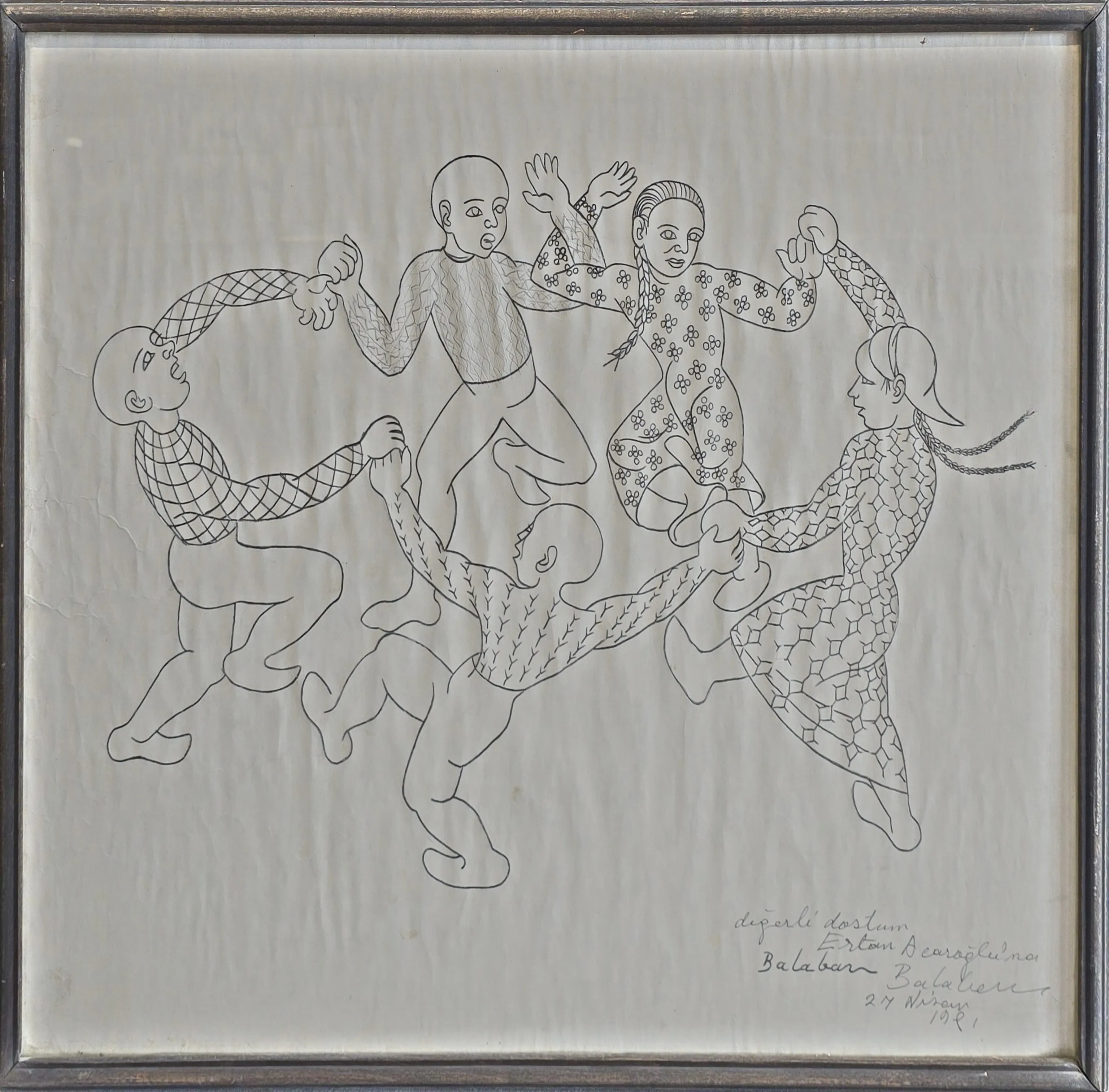 "Çocukların Halayı (Ithaflı)" eseri İBRAHİM BALABAN tarafından 1981 yılında 64x65 cm ölçülerinde Kağıt üzeri desen tekniği ile yapılmıştır.