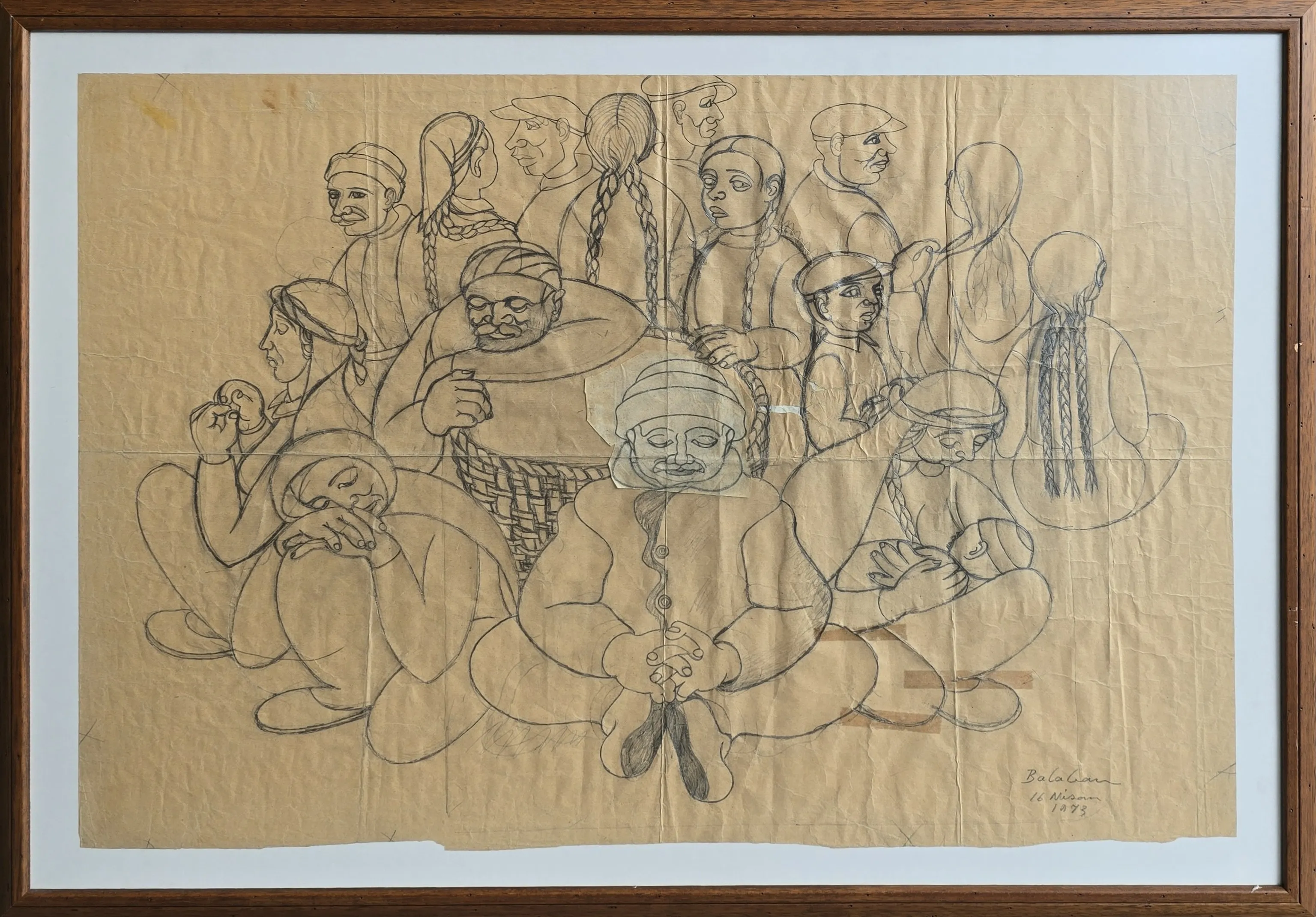 "Erenler Evliyalar" eseri İBRAHİM BALABAN tarafından 1973 yılında 62x89 cm ölçülerinde Kağıt üzeri desen tekniği ile yapılmıştır.
