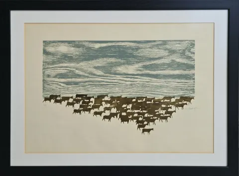 MUAMMER BAKIR — “Sürü” "Sürü" eseri MUAMMER BAKIR tarafından 45x61 cm ölçülerinde Ağaç Baskı (Ed. 1/2) tekniği ile yapılmıştır.
