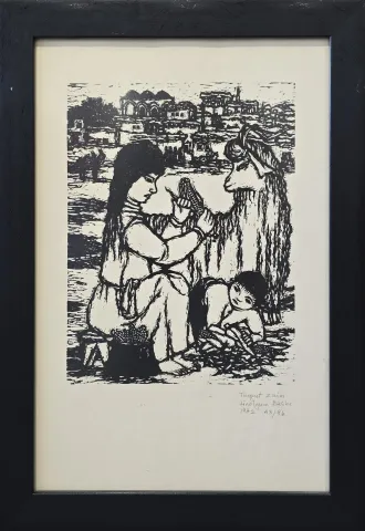 TURGUT ZAİM — “Tiftik Keçisi Ve Kadın Ve Çocuk”, 1982 "Tiftik Keçisi Ve Kadın Ve Çocuk" eseri TURGUT ZAİM tarafından 1982 yılında 48x33 cm ölçülerinde Gravür (Ed. 39/96) tekniği ile yapılmıştır.