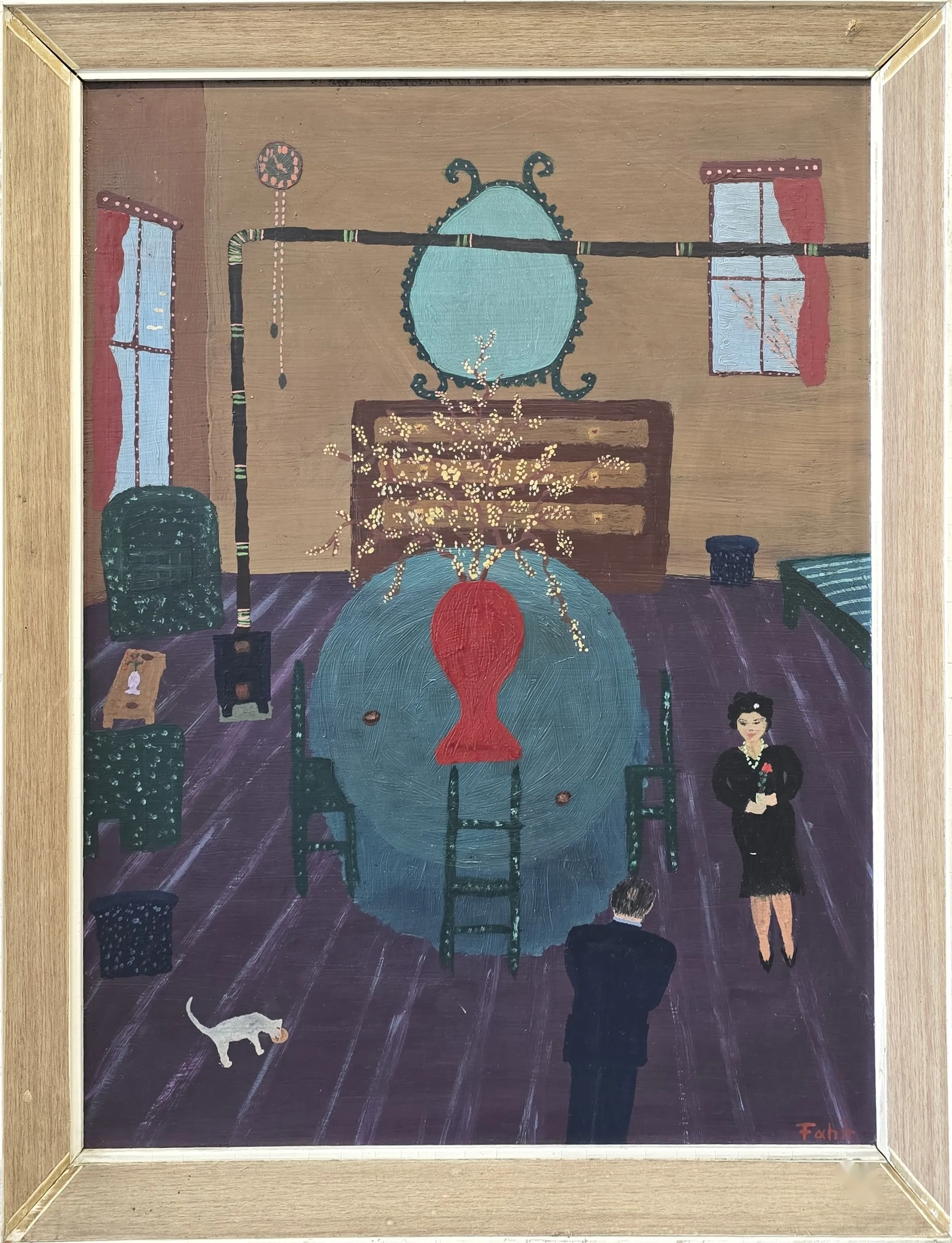 "Mor Iç Mekan" eseri FAHİR AKSOY tarafından 64x49 cm ölçülerinde Kontraplak üzeri yağlı boya tekniği ile yapılmıştır.