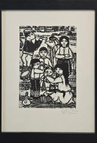 TURGUT ZAİM — “Kavalcı Ve Çocuklar”, 1982 "Kavalcı Ve Çocuklar" eseri TURGUT ZAİM tarafından 1982 yılında 50x34 cm ölçülerinde Gravür (Ed. 28/141) tekniği ile yapılmıştır.