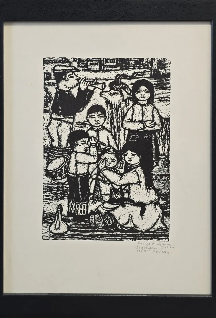 yakınlaştır "Kavalcı Ve Çocuklar" eseri TURGUT ZAİM tarafından 1982 yılında 50x34 cm ölçülerinde Gravür (Ed. 28/141) tekniği ile yapılmıştır.