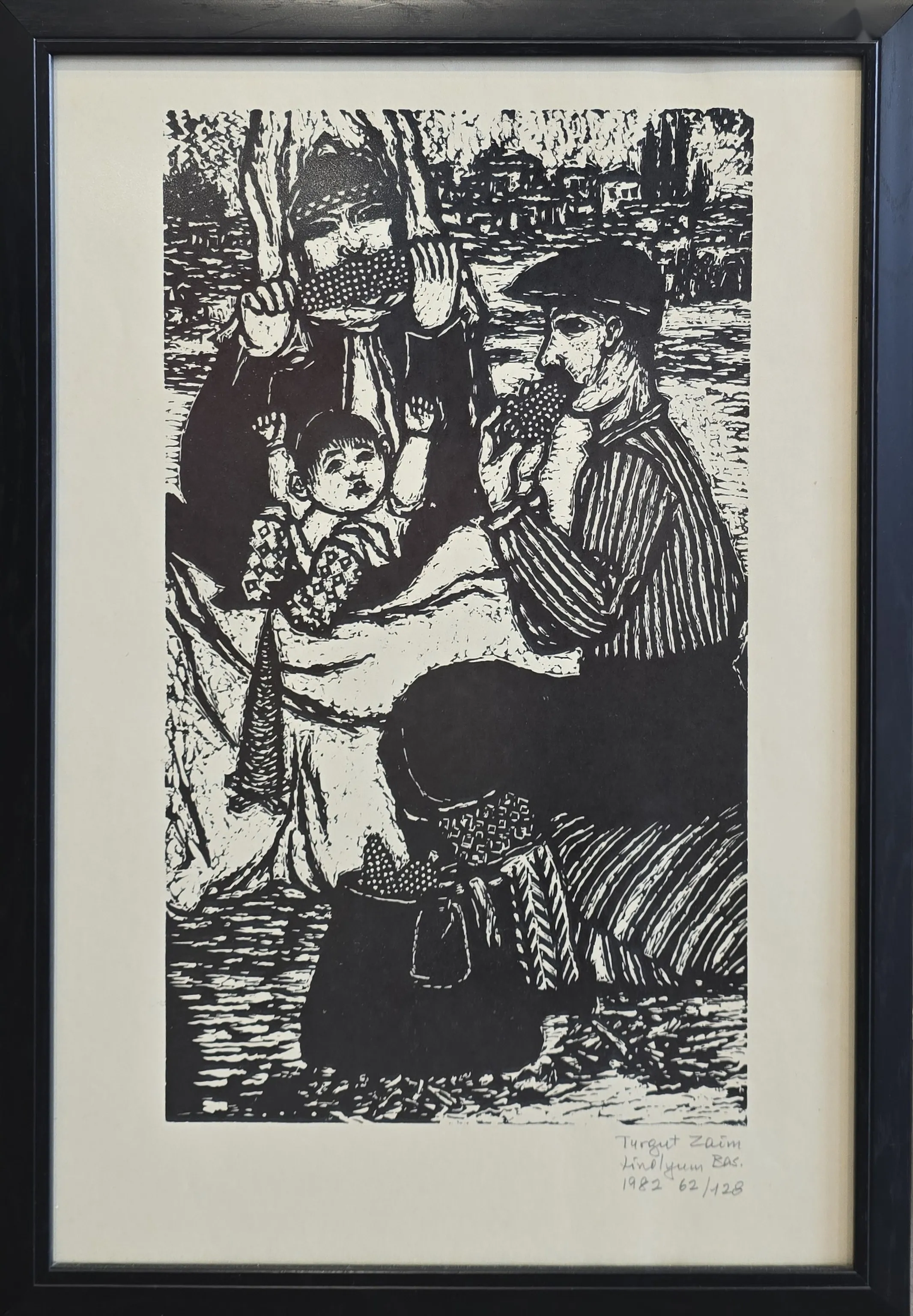 "Mısır Yiyen Adam Ve Ailesi" eseri TURGUT ZAİM tarafından 1982 yılında 49x34 cm ölçülerinde Gravür (Ed. 62/128) tekniği ile yapılmıştır.