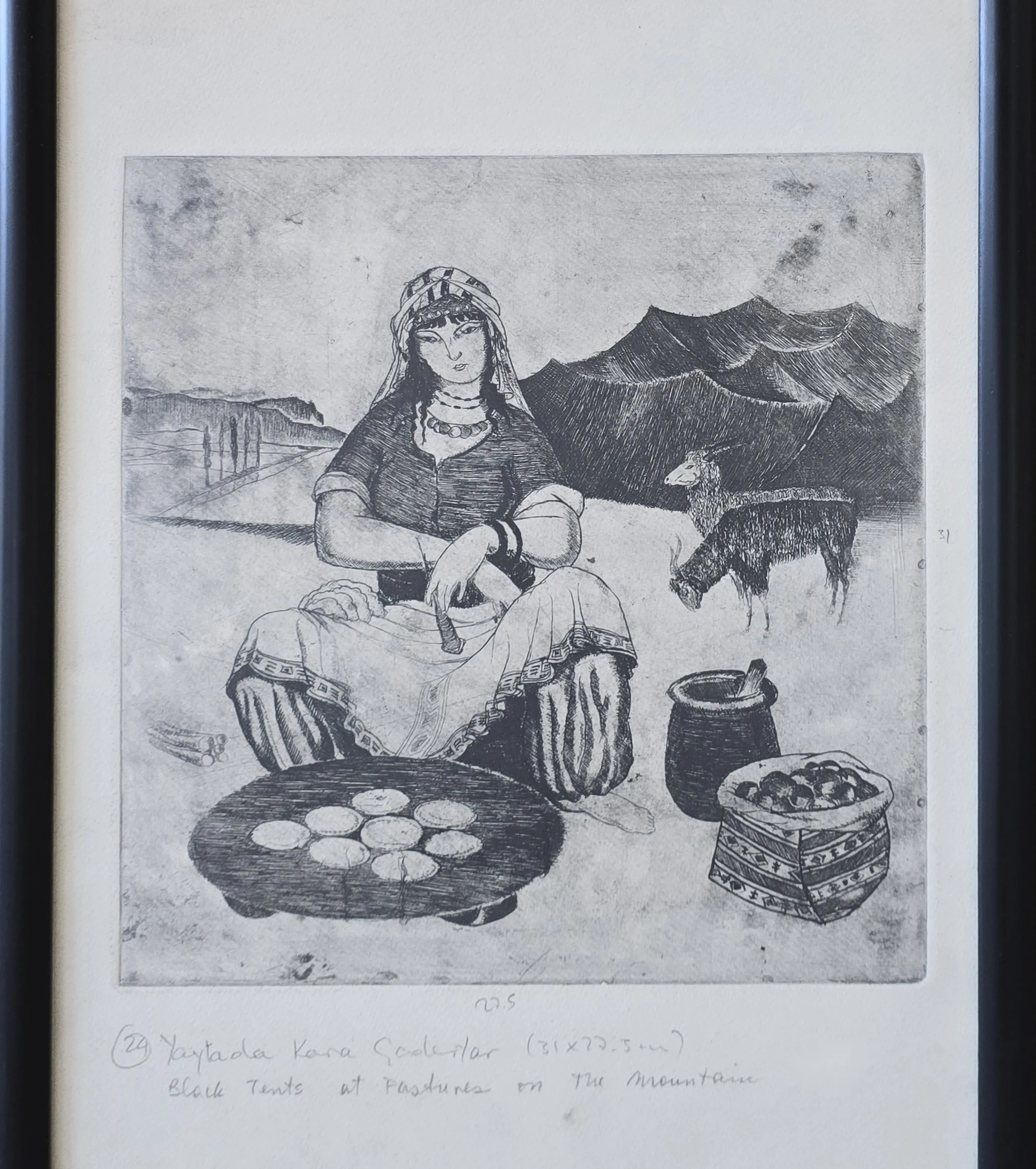 "Yaylada Kara Çadırlar" eseri TURGUT ZAİM tarafından 31x27,5 cm ölçülerinde Gravür tekniği ile yapılmıştır.