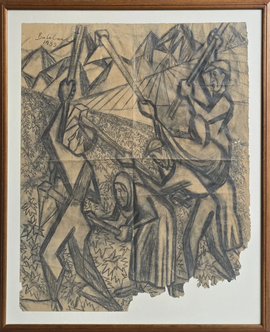 yakınlaştır "Çapa Işçileri" eseri İBRAHİM BALABAN tarafından 1955 yılında 80x65 cm ölçülerinde Kağıt üzeri desen tekniği ile yapılmıştır.
