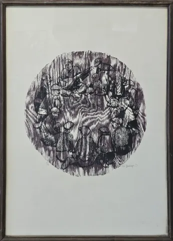 MUAMMER BAKIR — “Sıra Gecesi” "Sıra Gecesi" eseri MUAMMER BAKIR tarafından 68x49 cm ölçülerinde Ağaç Baskı tekniği ile yapılmıştır.