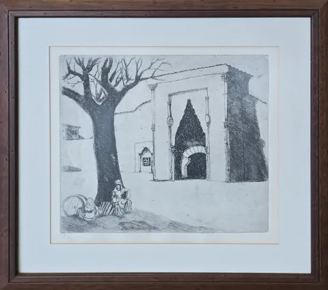 TURGUT ZAİM — “Medrese Kapısı” "Medrese Kapısı" eseri TURGUT ZAİM tarafından 30x34 cm ölçülerinde Gravür (Ed. 19/23) tekniği ile yapılmıştır.