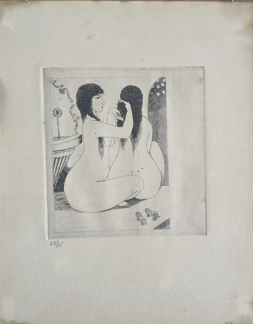 yakınlaştır "Hamamda Çıplaklar" eseri TURGUT ZAİM tarafından 32x25 cm ölçülerinde Gravür (Ed. 15/27) tekniği ile yapılmıştır.