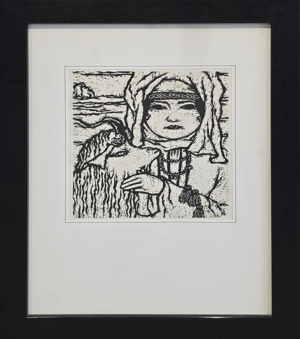 yakınlaştır "Tiftik Keçisi Ve Kadın" eseri TURGUT ZAİM tarafından 26x23 cm ölçülerinde Gravür tekniği ile yapılmıştır.