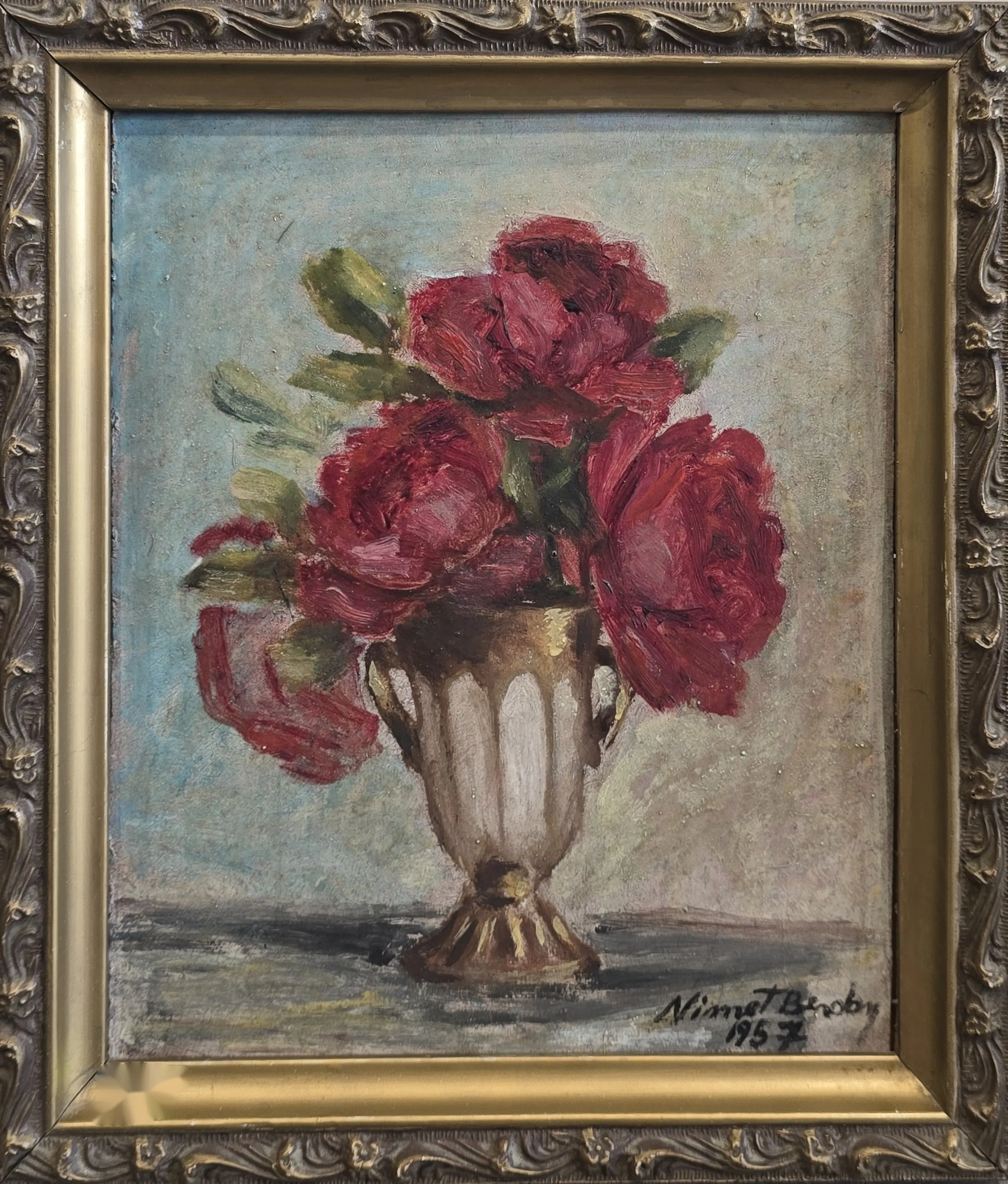 "Vazoda Güller" eseri NİMET BERDAN tarafından 1957 yılında 27x23 cm ölçülerinde Kontraplak üzeri yağlı boya tekniği ile yapılmıştır.