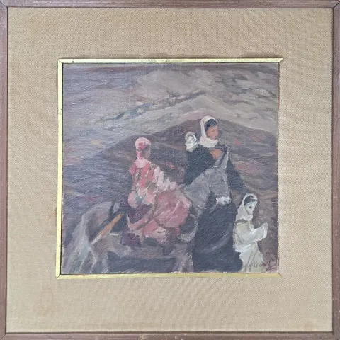 DURAN KARACA — “Eşekli Kadın” "Eşekli Kadın" eseri DURAN KARACA tarafından 23x23 cm ölçülerinde Kontraplak üzeri yağlı boya tekniği ile yapılmıştır.