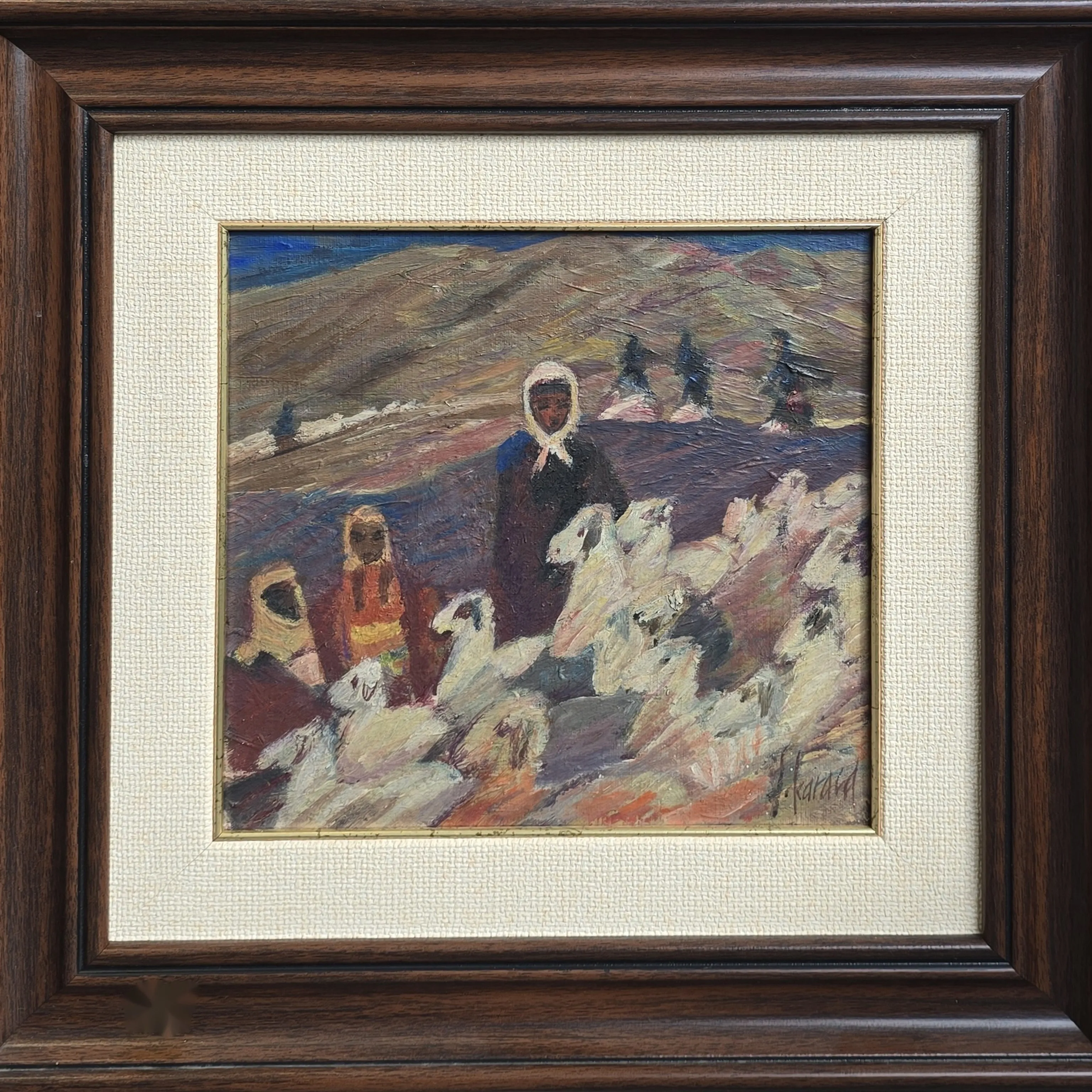 "Kadın Çoban" eseri DURAN KARACA tarafından 22.5x22.5 cm ölçülerinde Kontraplak üzeri yağlı boya tekniği ile yapılmıştır.