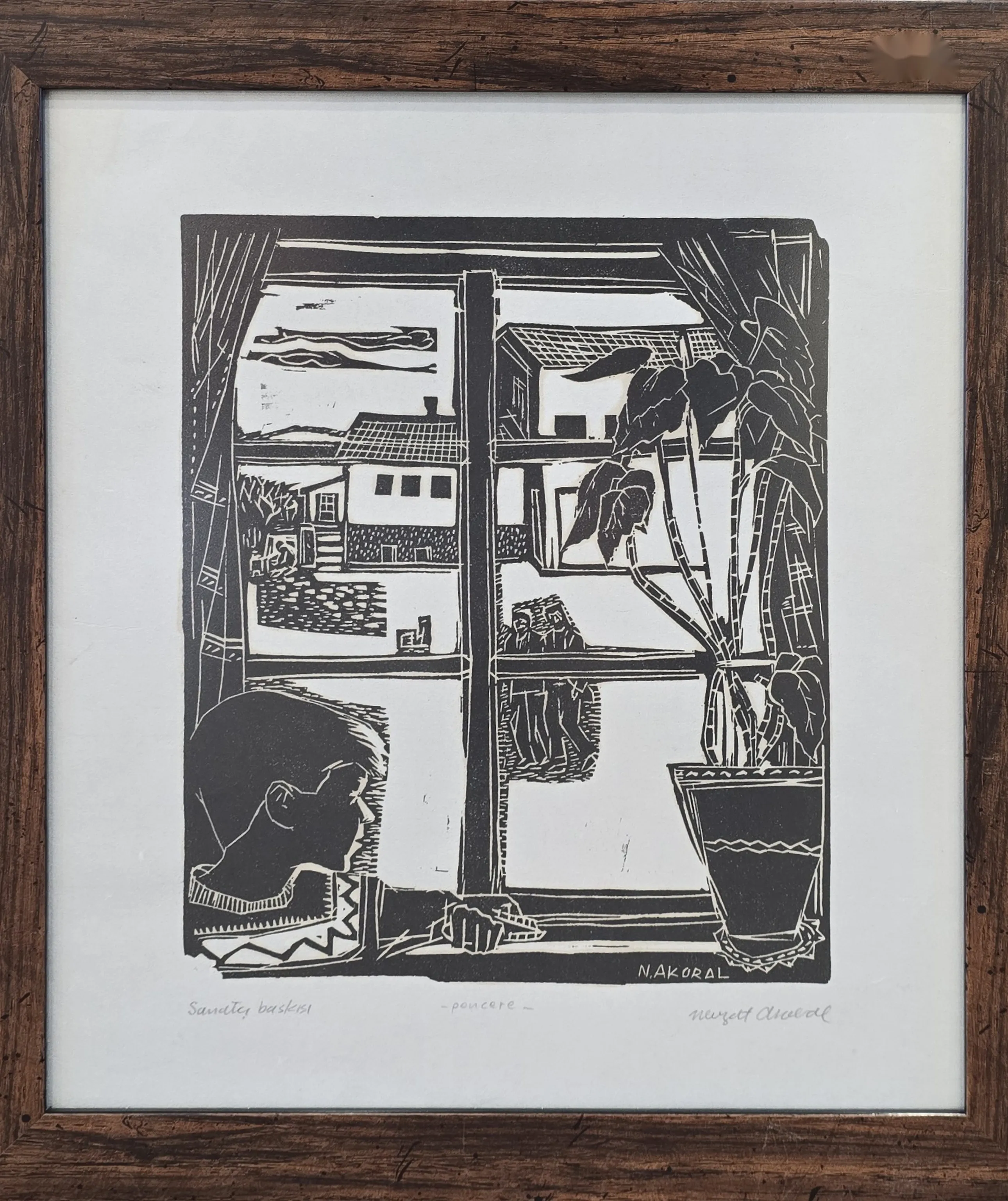 "Pencere" eseri NEVZAT AKORAL tarafından 37.5x31.5 cm ölçülerinde Gravür (sanatçı baskısı) tekniği ile yapılmıştır.