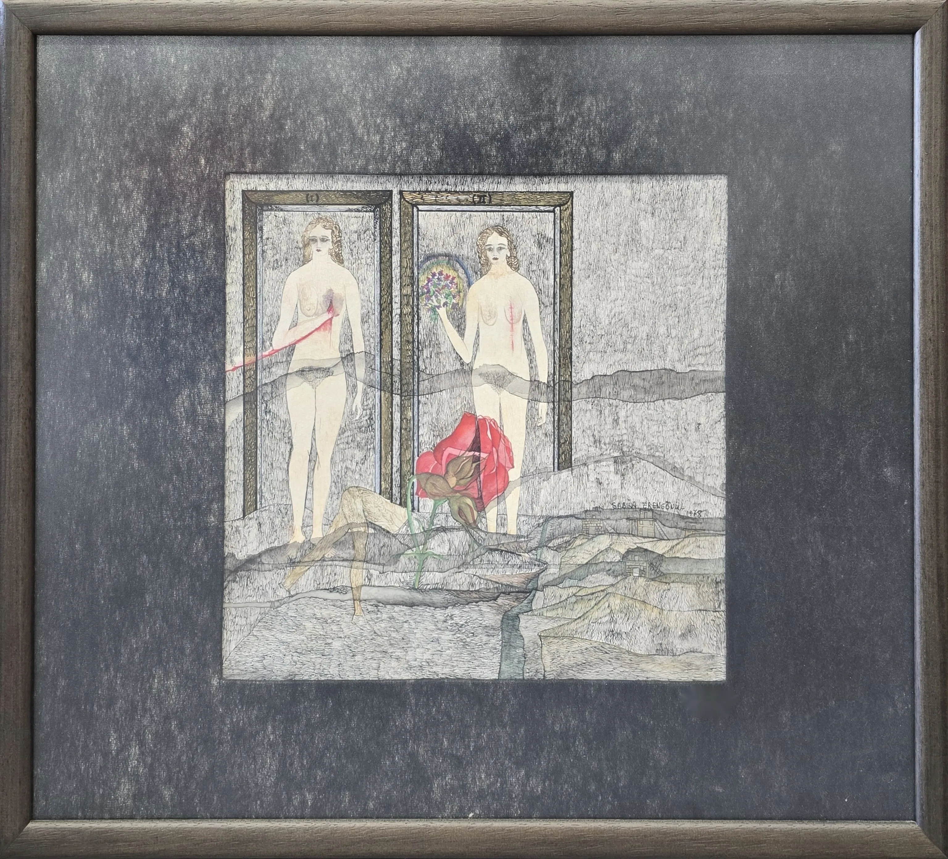 "Meme Kanseri" eseri SABİHA ERENGÖNÜL tarafından 1978 yılında 29x32 cm ölçülerinde Kağıt üzeri karışık teknik tekniği ile yapılmıştır.