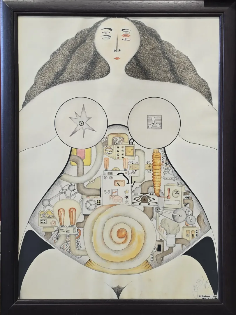 yakınlaştır "Özdevimsel Dişi" eseri İSİM OKUNAMADI tarafından 40x30 cm ölçülerinde Kağıt üzeri karışık teknik tekniği ile yapılmıştır.
