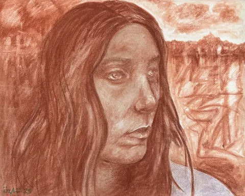 NECMETTİN ÖZLÜ — “Bir portre”, 2025 "Bir portre" eseri NECMETTİN ÖZLÜ tarafından 2025 yılında 24x30 cm ölçülerinde Kağıt üzeri sanguine, tuvale marufle tekniği ile yapılmıştır.