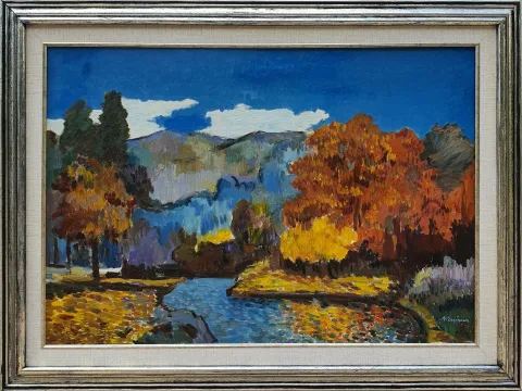 NURETTİN ERGÜVEN — “Peyzaj” "Peyzaj" eseri NURETTİN ERGÜVEN tarafından 56x80 cm ölçülerinde Tuval üzeri yağlı boya tekniği ile yapılmıştır.