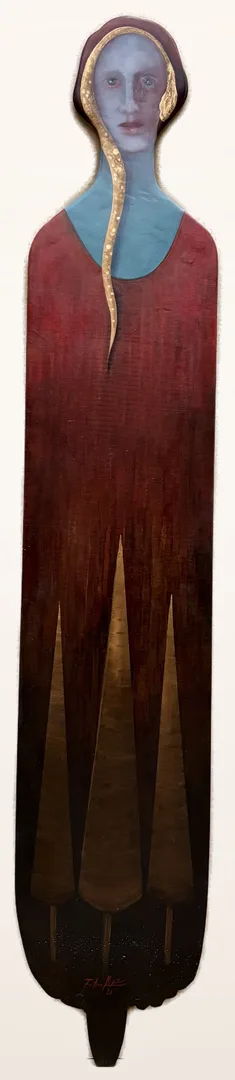 Bu eser FATMA KARA tarafından 2026 yılında 178x33 cm ölçülerinde Polyester döküm ve ahşap üzeri yağlı boya tekniği ile yapılmıştır.