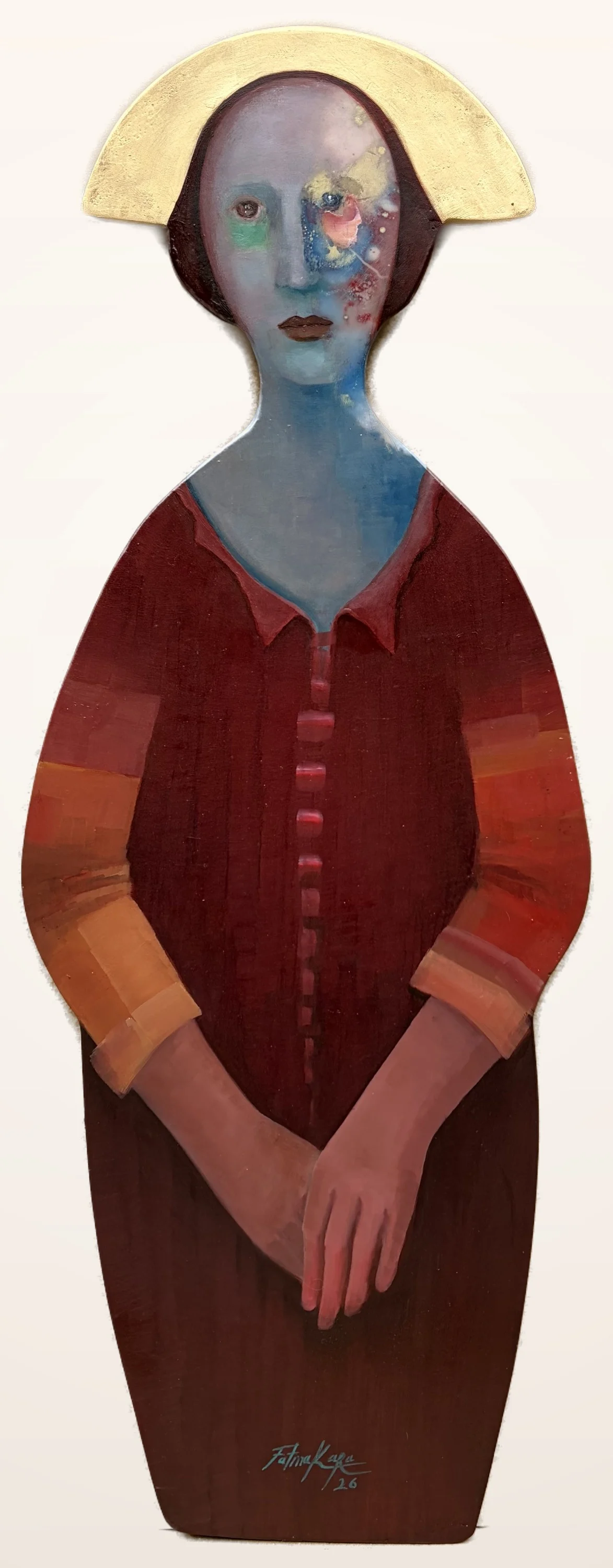 Bu eser FATMA KARA tarafından 2026 yılında 90x33 cm ölçülerinde Polyester döküm üzeri yağlı boya tekniği ile yapılmıştır.