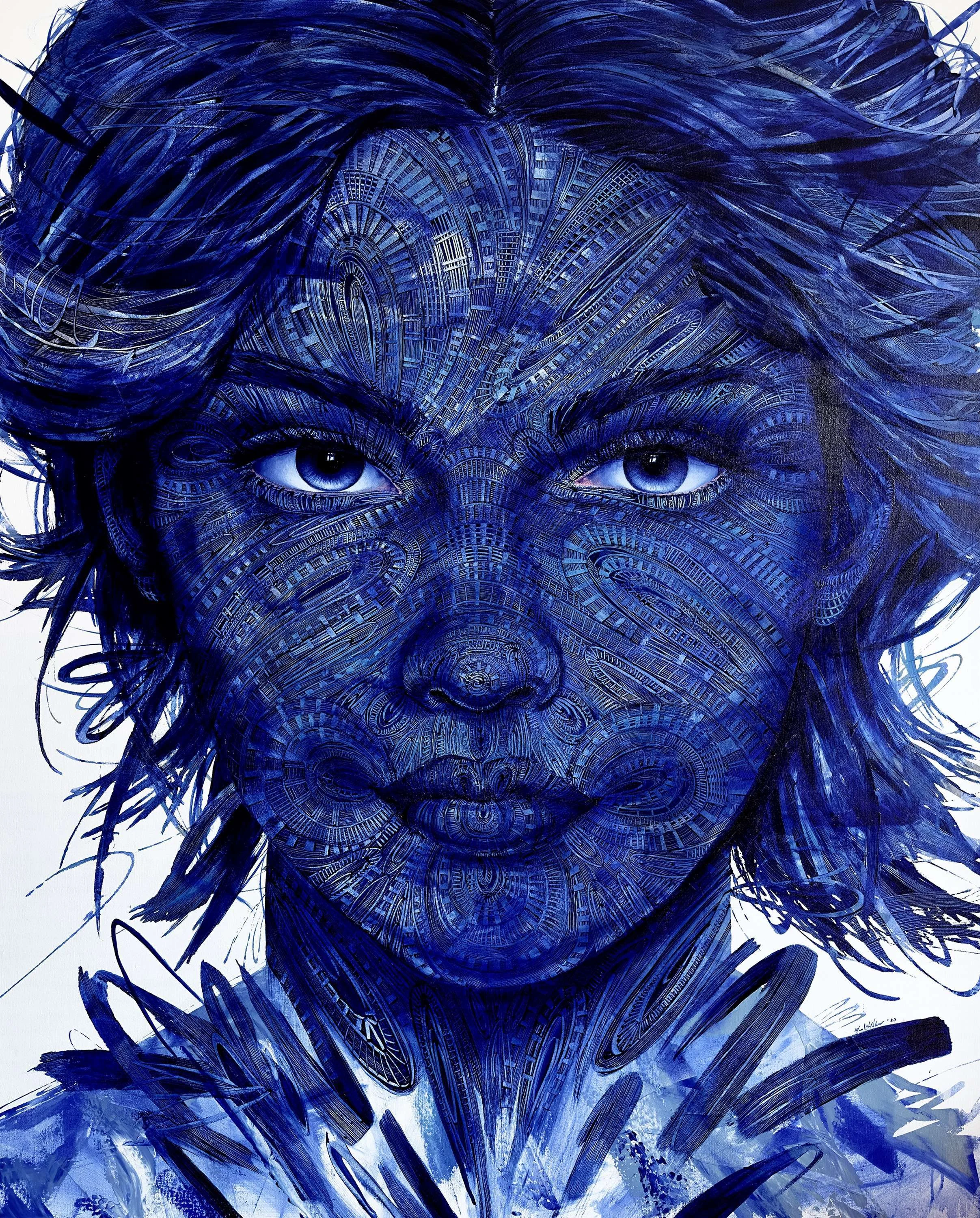 "Deep Blue - 2" eseri MEVLÜT AKAR tarafından 2023 yılında 150x120 cm ölçülerinde Tuval üzeri akrilik boya tekniği ile yapılmıştır.