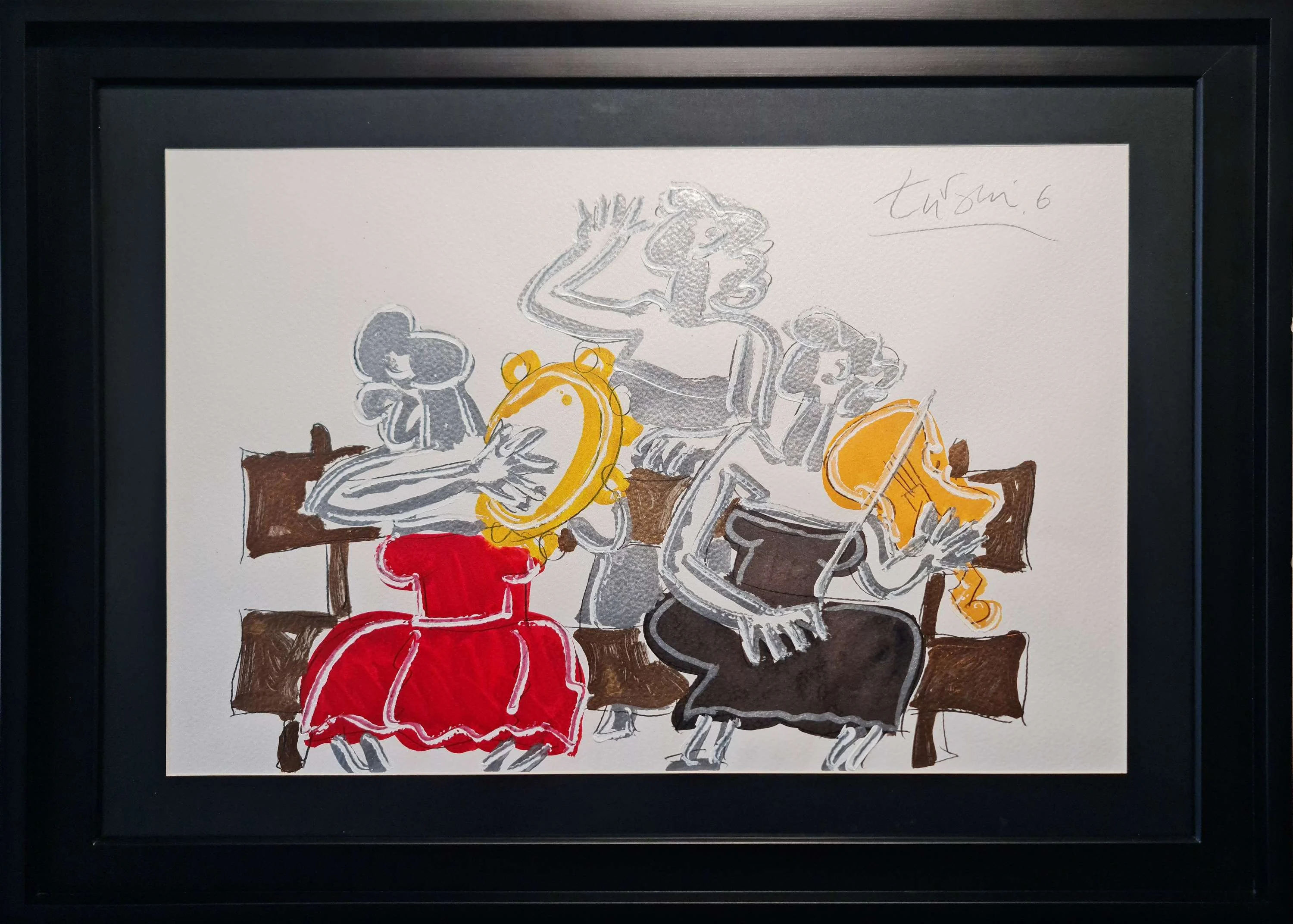 "Müzisyenler Trio" eseri ADNAN TURANİ tarafından 2006 yılında 50x70 cm ölçülerinde Kağıt üzeri karışık teknik tekniği ile yapılmıştır.