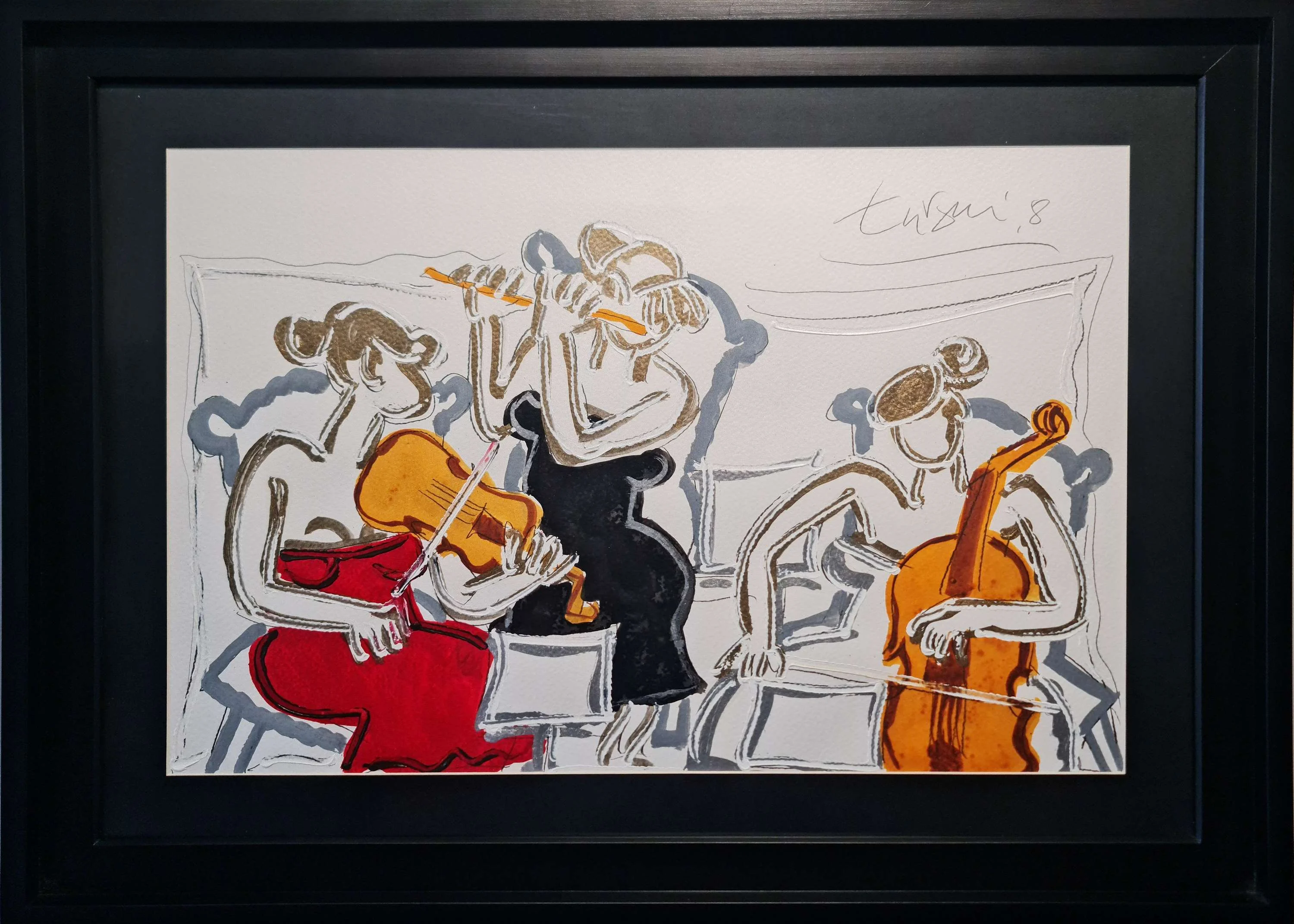 "Müzisyenler Trio" eseri ADNAN TURANİ tarafından 2008 yılında 50x70 cm ölçülerinde Kağıt üzeri karışık teknik tekniği ile yapılmıştır.