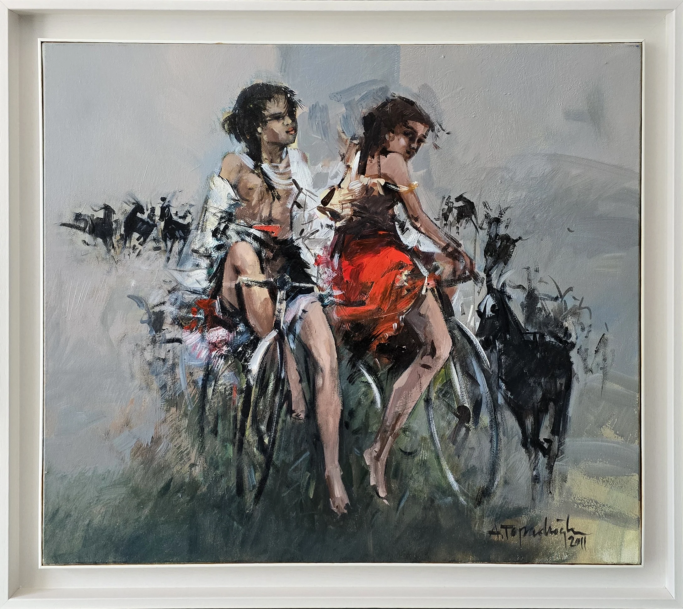 "Bisikletli Kızlar ve Keçiler" eseri AKDOĞAN TOPAÇLIOĞLU tarafından 2011 yılında 60x70 cm ölçülerinde Tuval üzeri yağlı boya tekniği ile yapılmıştır.