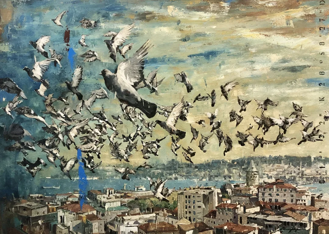 "Güvercinler Serisi" eseri OSMAN AKÇA tarafından 2025 yılında 90x125 cm ölçülerinde Tuval üzeri yağlı boya tekniği ile yapılmıştır.