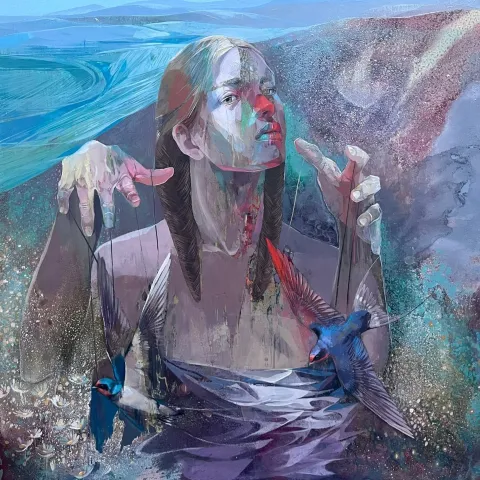 HAKAN ERASLAN — “Melodik Buluşma”, 2026 "Melodik Buluşma" eseri HAKAN ERASLAN tarafından 2026 yılında 70x70 cm ölçülerinde Tuval üzeri akrilik boya tekniği ile yapılmıştır.