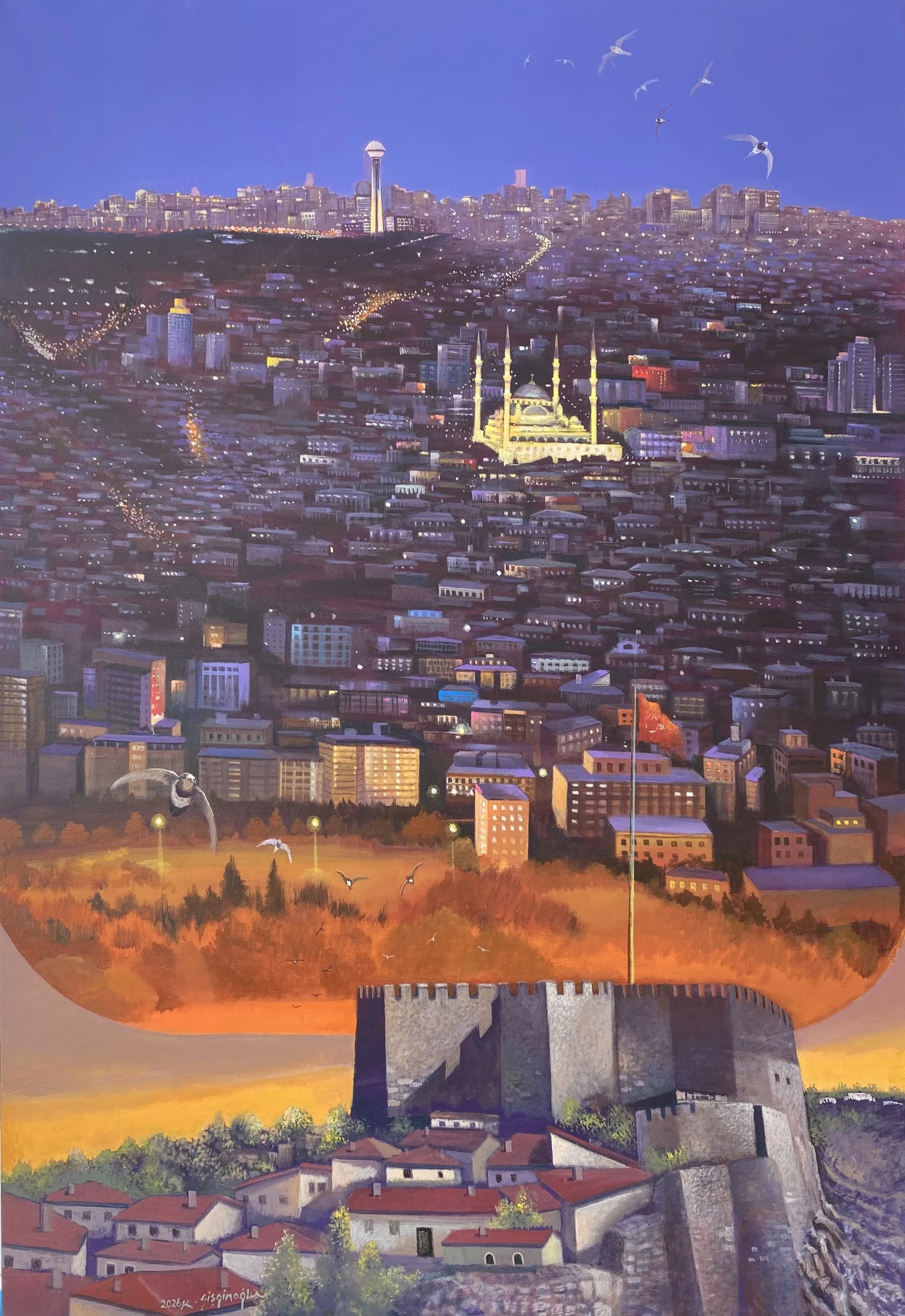 "Ankara Kalesi'nden" eseri KADİR ŞİŞGİNOĞLU tarafından 2026 yılında 109x75 cm ölçülerinde Tuval üzeri akrilik boya tekniği ile yapılmıştır.