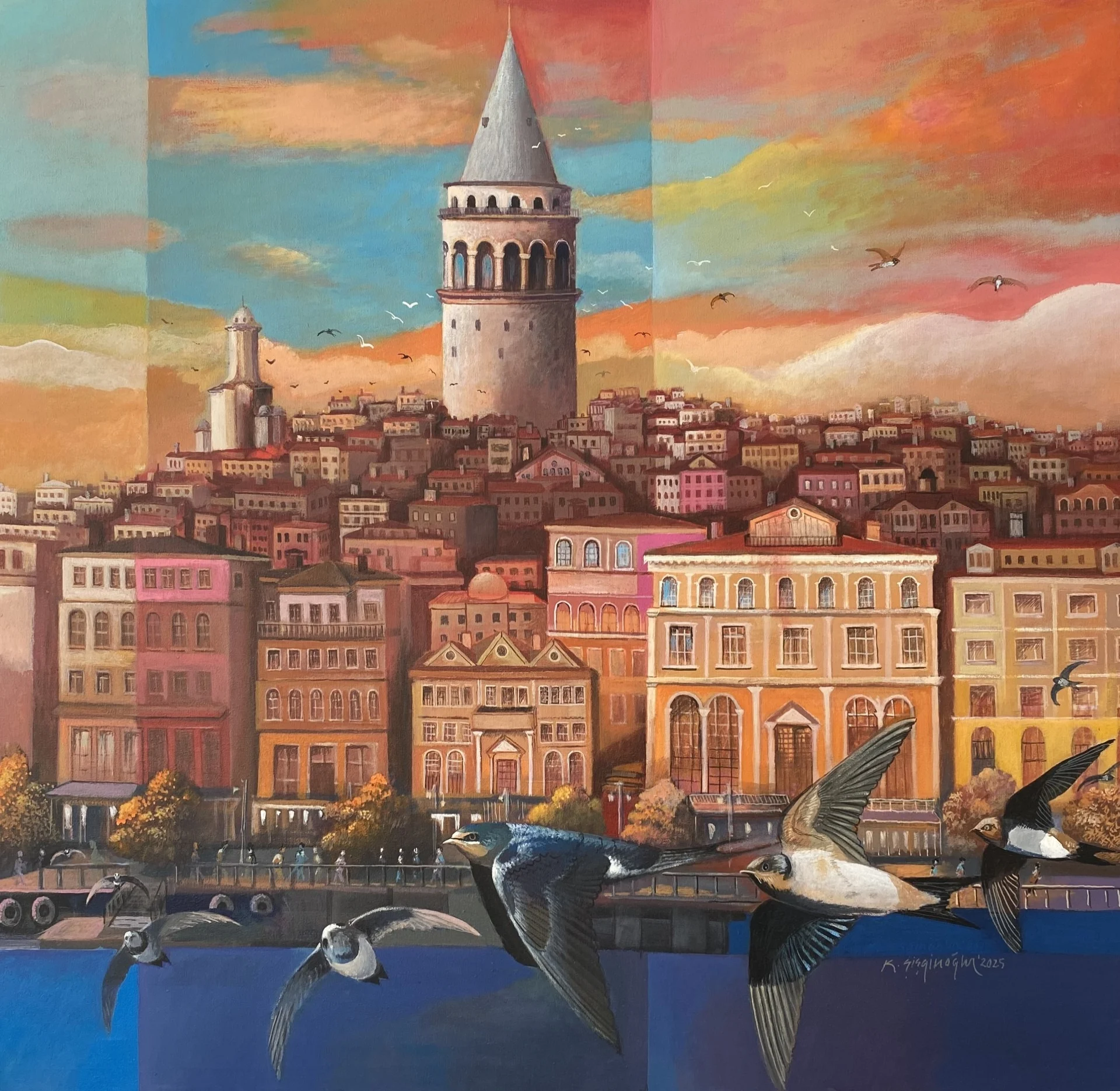 "İstanbul'un bekçileri" eseri KADİR ŞİŞGİNOĞLU tarafından 2025 yılında 75x77 cm ölçülerinde Tuval üzeri akrilik boya tekniği ile yapılmıştır.