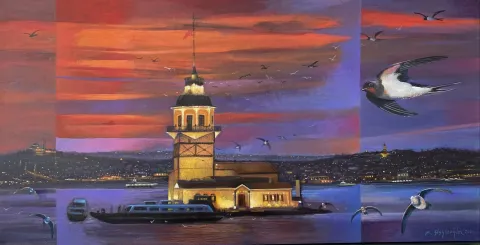 "Kızkulesi, İstanbul" eseri KADİR ŞİŞGİNOĞLU tarafından 2026 yılında 48x94 cm ölçülerinde Tuval üzeri akrilik boya tekniği ile yapılmıştır.