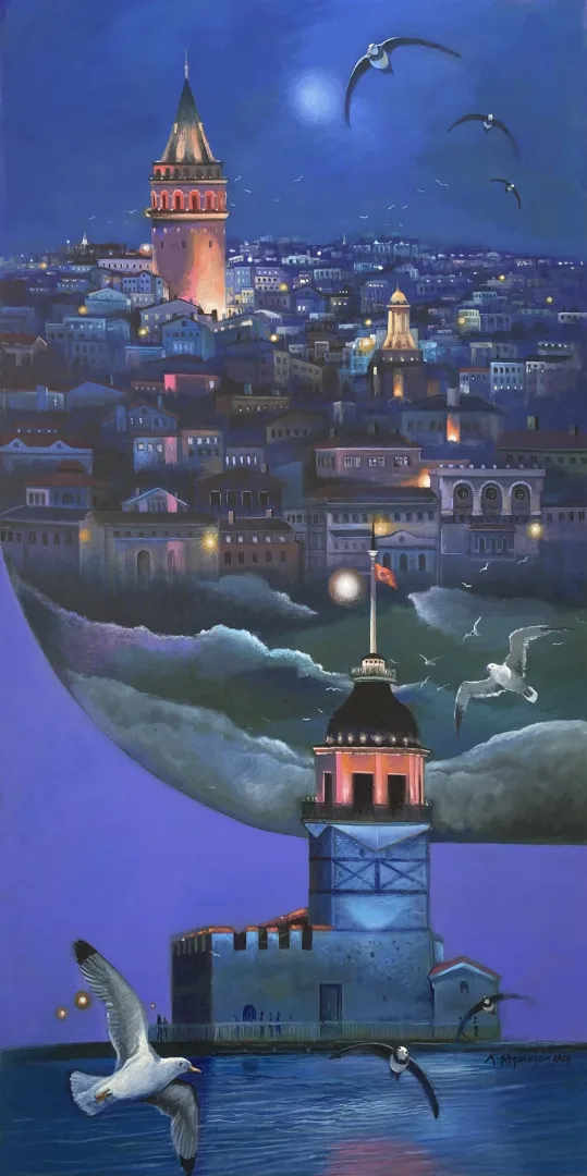 "Kız Kulesi'nden Galata'ya" eseri KADİR ŞİŞGİNOĞLU tarafından 2024 yılında 130x65 cm ölçülerinde Tuval üzeri akrilik boya tekniği ile yapılmıştır.