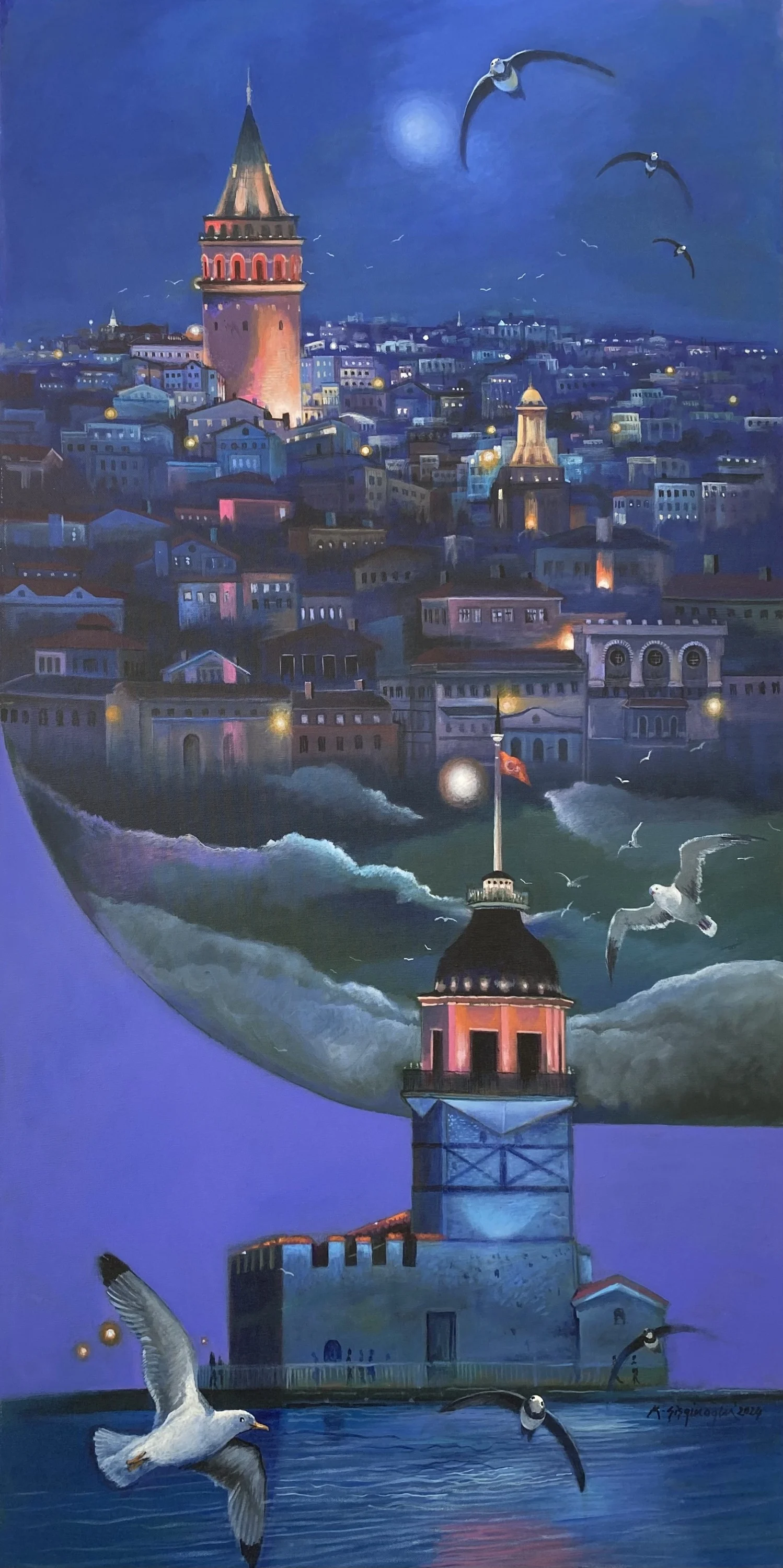 "Kız Kulesi'nden Galata'ya" eseri KADİR ŞİŞGİNOĞLU tarafından 2024 yılında 130x65 cm ölçülerinde Tuval üzeri akrilik boya tekniği ile yapılmıştır.