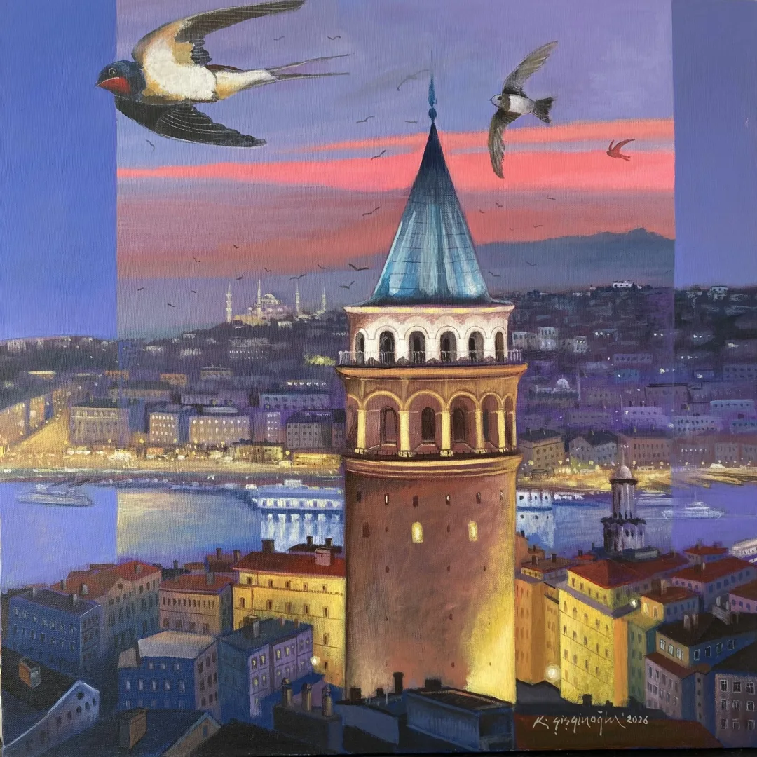 "Galata Kulesi" eseri KADİR ŞİŞGİNOĞLU tarafından 2026 yılında 60x60 cm ölçülerinde Tuval üzeri akrilik boya tekniği ile yapılmıştır.