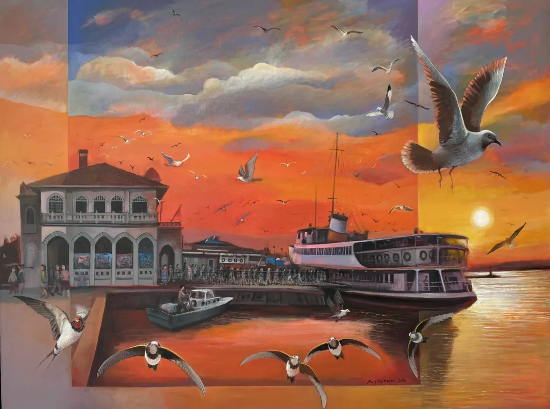 "Kadıköy iskelesi" eseri KADİR ŞİŞGİNOĞLU tarafından 2024 yılında 90x121 cm ölçülerinde Tuval üzeri akrilik boya tekniği ile yapılmıştır.