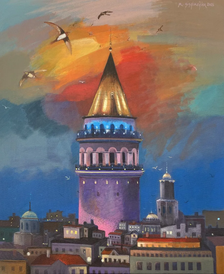 "Galata Kulesi" eseri KADİR ŞİŞGİNOĞLU tarafından 2026 yılında 55x45 cm ölçülerinde Tuval üzeri akrilik boya tekniği ile yapılmıştır.