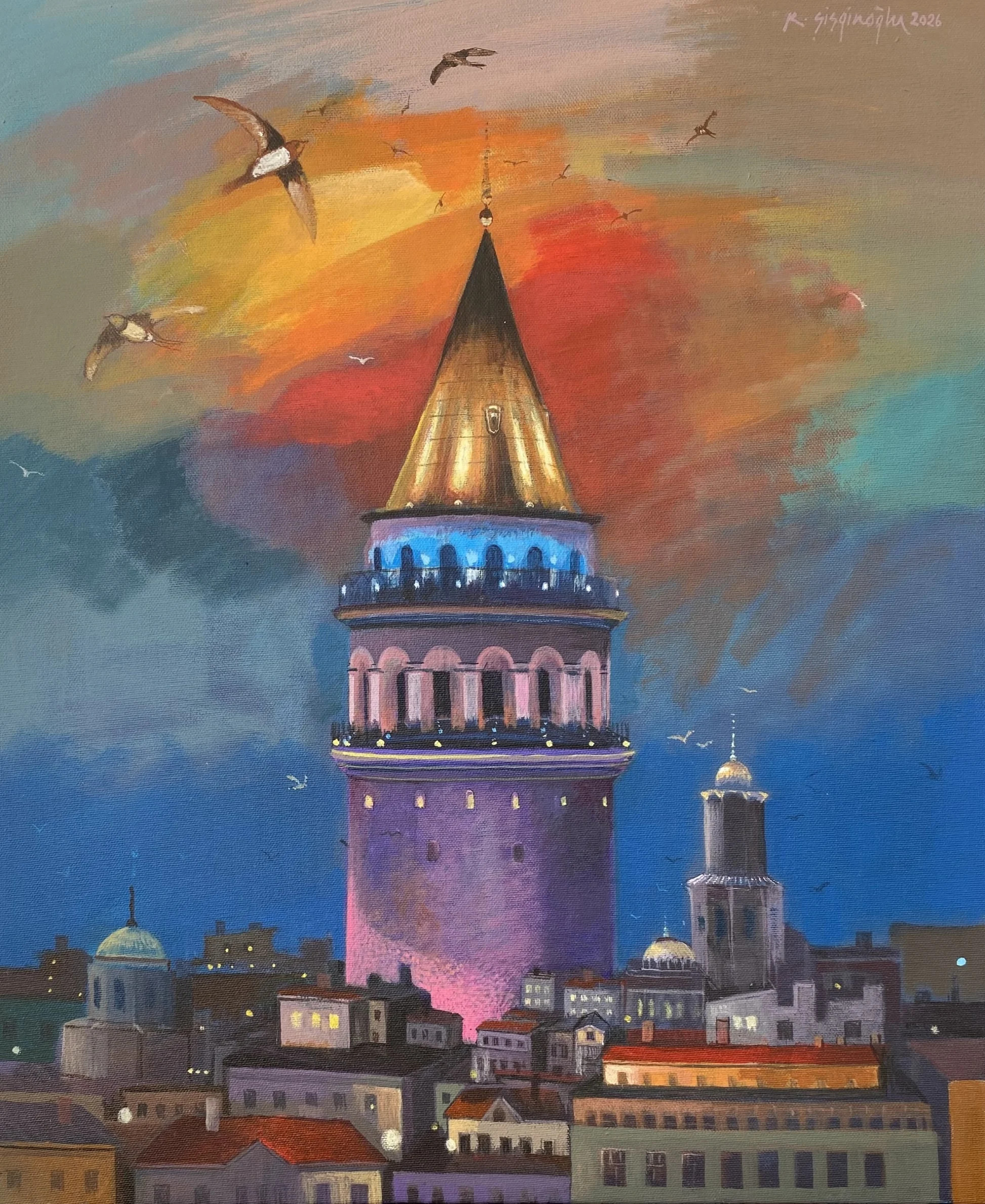 "Galata Kulesi" eseri KADİR ŞİŞGİNOĞLU tarafından 2026 yılında 55x45 cm ölçülerinde Tuval üzeri akrilik boya tekniği ile yapılmıştır.