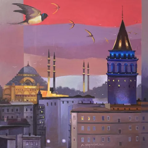 "Galatadan Süleymaniye'ye" eseri KADİR ŞİŞGİNOĞLU tarafından 2026 yılında 50x50 cm ölçülerinde Tuval üzeri akrilik boya tekniği ile yapılmıştır.