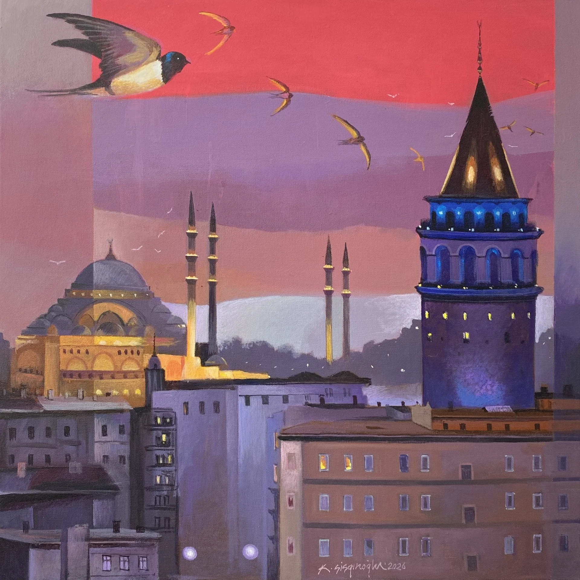"Galatadan Süleymaniye'ye" eseri KADİR ŞİŞGİNOĞLU tarafından 2026 yılında 50x50 cm ölçülerinde Tuval üzeri akrilik boya tekniği ile yapılmıştır.