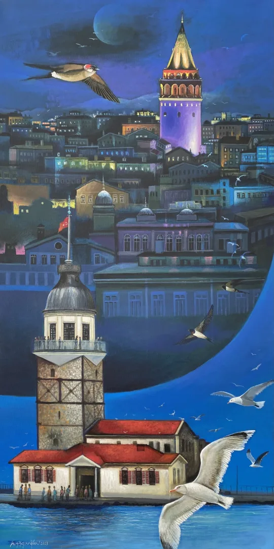 "Kız kulesi'nden Galata'ya" eseri KADİR ŞİŞGİNOĞLU tarafından 2023 yılında 130x65 cm ölçülerinde Tuval üzeri akrilik boya tekniği ile yapılmıştır.