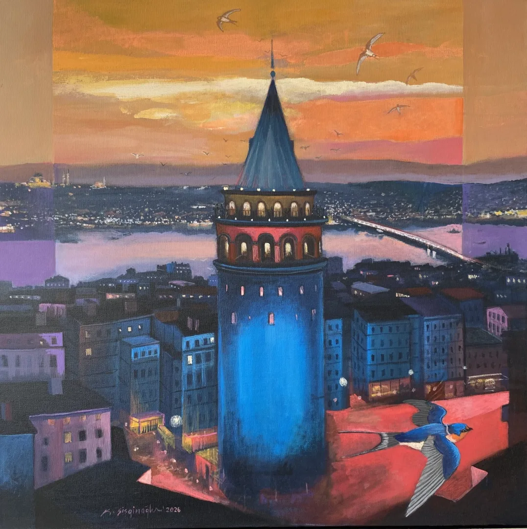"Galata Kulesi" eseri KADİR ŞİŞGİNOĞLU tarafından 2026 yılında 60x60 cm ölçülerinde Tuval üzeri akrilik boya tekniği ile yapılmıştır.