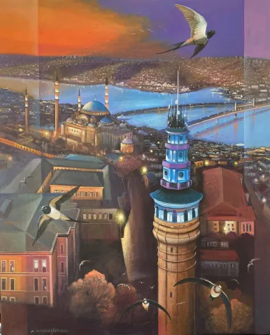 KADİR ŞİŞGİNOĞLU — “Beyazıt kulesi”, 2024 "Beyazıt kulesi" eseri KADİR ŞİŞGİNOĞLU tarafından 2024 yılında 100x80 cm ölçülerinde Tuval üzeri akrilik boya tekniği ile yapılmıştır.