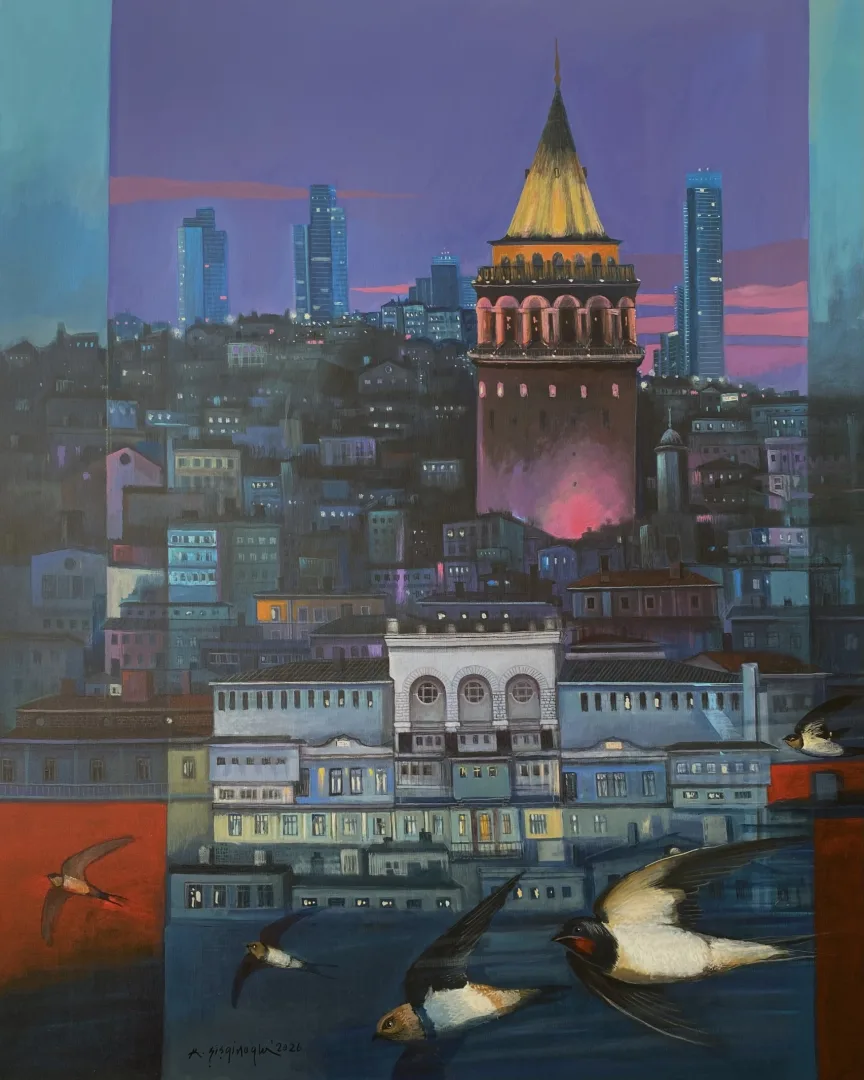 "Galata Kulesi" eseri KADİR ŞİŞGİNOĞLU tarafından 2026 yılında 100x80 cm ölçülerinde Tuval üzeri akrilik boya tekniği ile yapılmıştır.