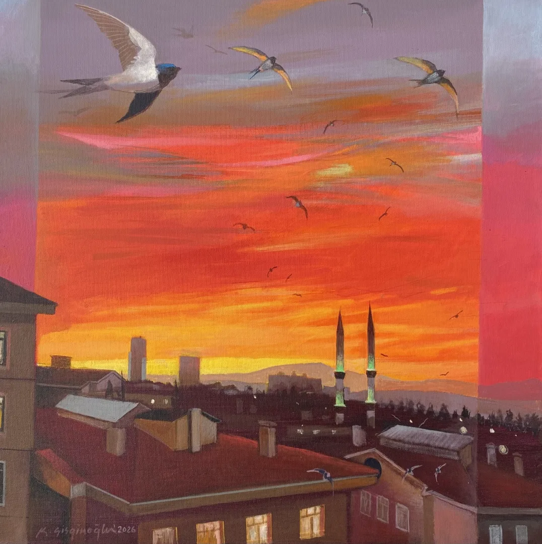 "Ankara, evimden günbatımı" eseri KADİR ŞİŞGİNOĞLU tarafından 2026 yılında 50x50 cm ölçülerinde Tuval üzeri akrilik boya tekniği ile yapılmıştır.