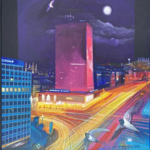KADİR ŞİŞGİNOĞLU — “Ankara gece,Kızılay”, 2026 "Ankara gece,Kızılay" eseri KADİR ŞİŞGİNOĞLU tarafından 2026 yılında 50x50 cm ölçülerinde Tuval üzeri akrilik boya tekniği ile yapılmıştır.