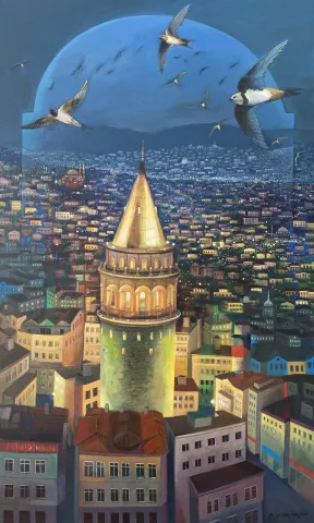 KADİR ŞİŞGİNOĞLU — “Galata'ya gece bakış”, 2026 "Galata'ya gece bakış" eseri KADİR ŞİŞGİNOĞLU tarafından 2026 yılında 150x90 cm ölçülerinde Tuval üzeri akrilik boya tekniği ile yapılmıştır.
